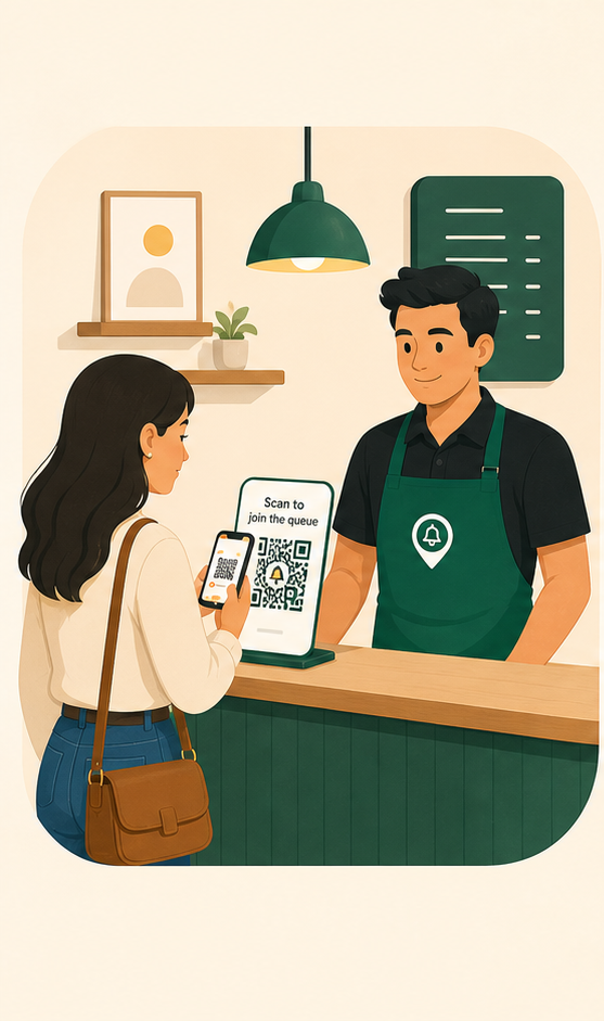 Customer scanning a SpotWait QR code at a service counter